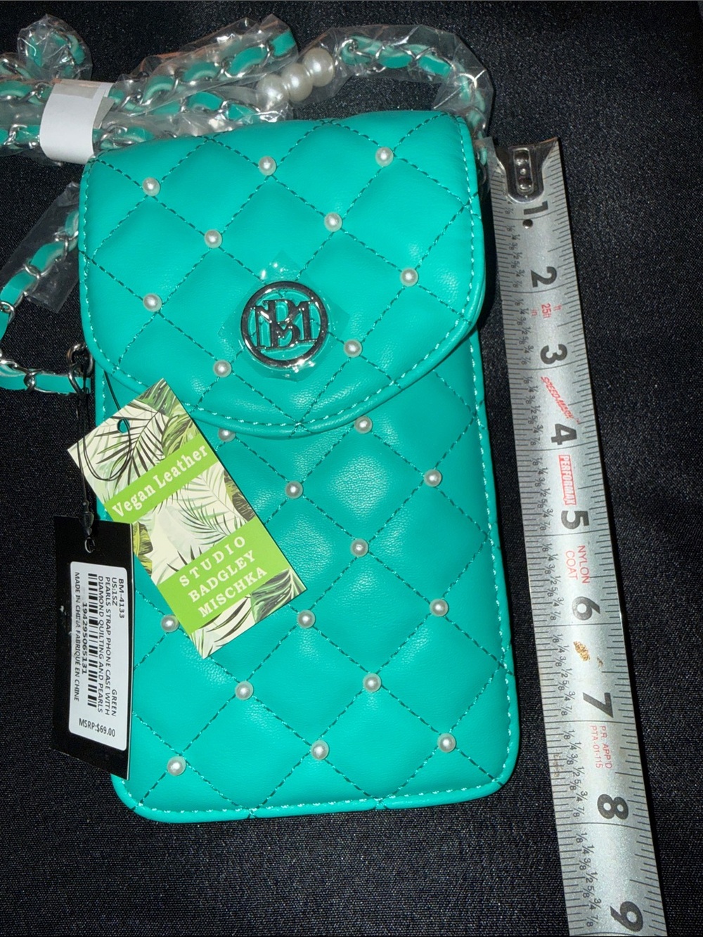 Badgley Mischka Teal Quilted Pearl-Stud Crossbody Phone Pouch